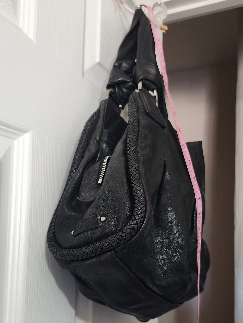 Cole Haan Black Braided-Trim Leather Hobo Bag